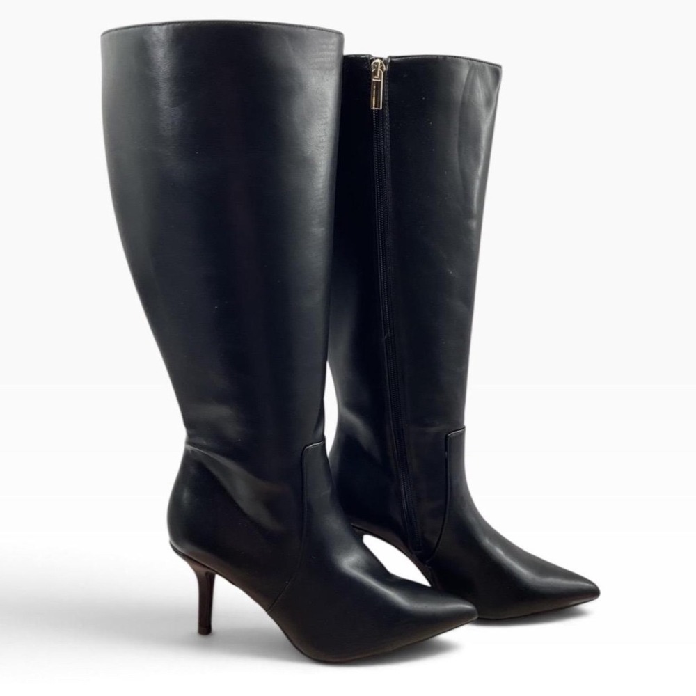 INC McKennaap Black Faux Leather Pointed Toe Kitten Heel Wide Calf Boots 7W